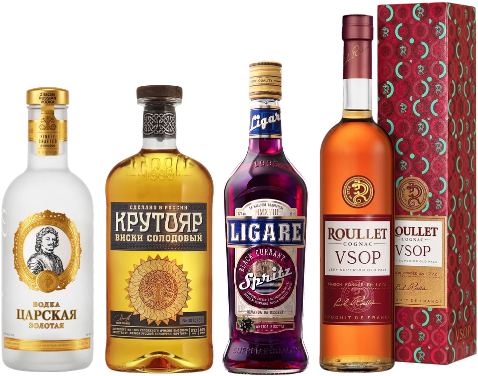 Водка «Царская Золотая», виски «Крутояр», десертный напиток Ligare Spritz, коньяк Roullet VSOP